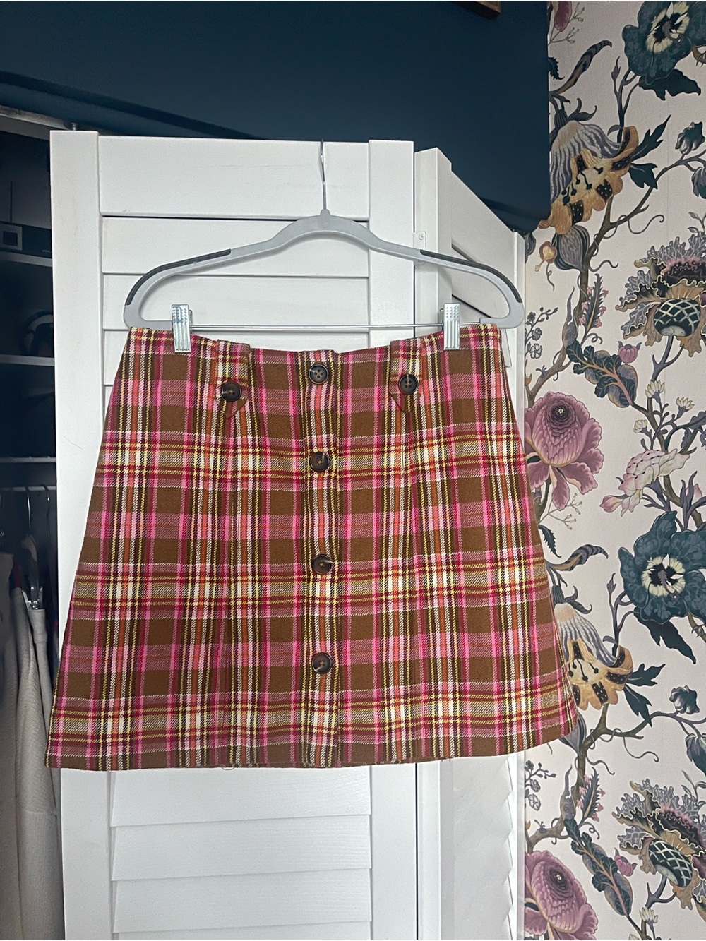 Maeve Brown and Pink Plaid Button-Front Mini Skirt